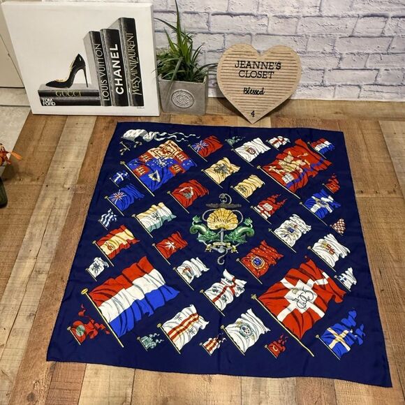 HERMES Hermes Carre 90 Scarf Muffler PAVOIS Ship Flag Pattern 100% Silk blue - Picture 7 of 16